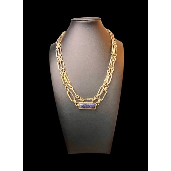 WHBM Double-Layered Gold Tone Necklace Blue Stone Pendant -241 - Picture 1 of 2